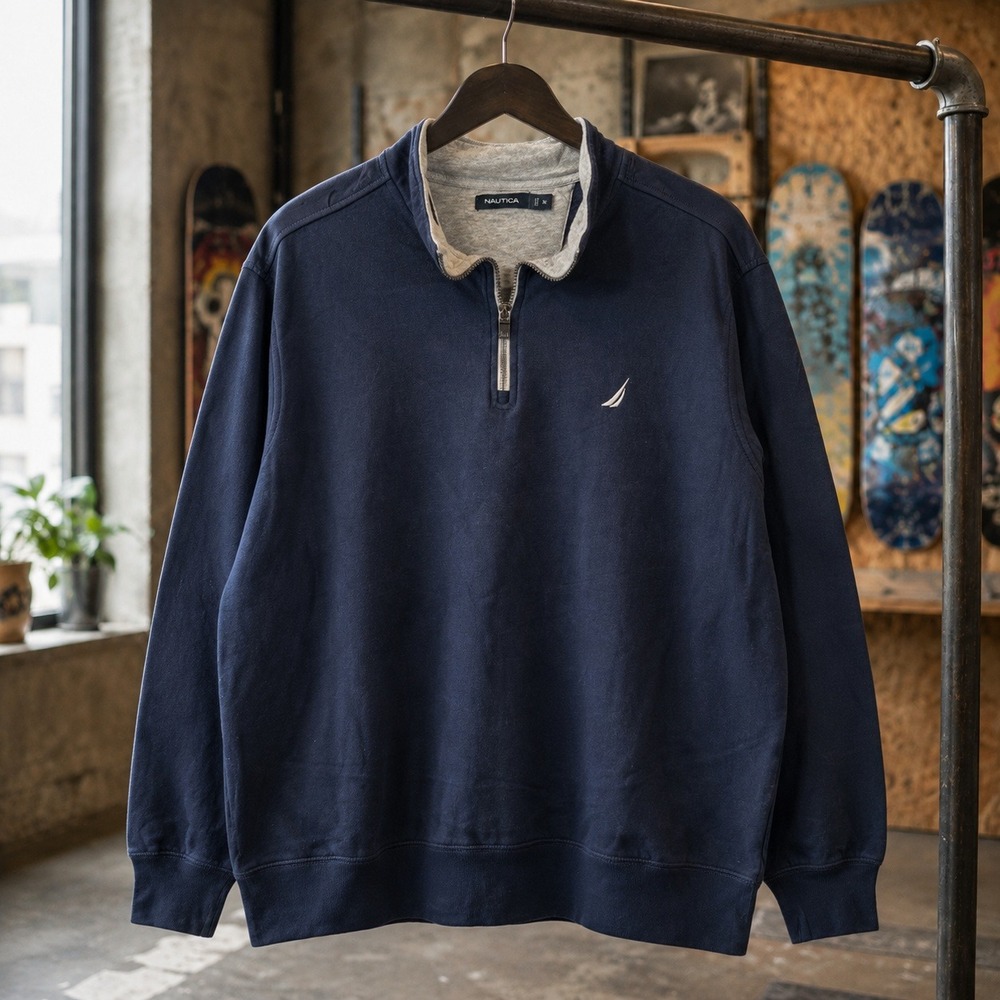 Nautica Mens XL Navy Blue Quarter Zip Mixed Media Pullover Sweatshirt Logo Back